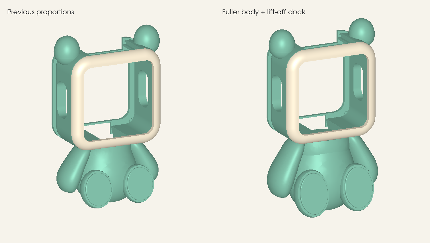Kine CAD comparison showing the fuller body and lift-off dock